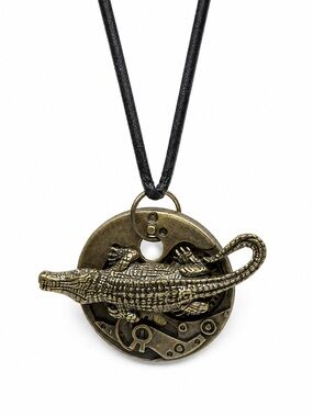 Crocodile Pendant Necklace Leather Cord Handmade Statement Jewelry